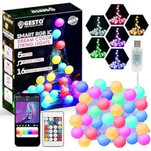 Gesto 5V Ball Shape Serial String Lights - USB Smart Music Sync Led Lights with Remote and App Control,RGB Color Changing Fairy Lights (5 Meter, 33 Led,Multicolor) .