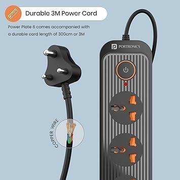 MOS Portronics Power Plate 6 with 4 USB Port + 5 Power Sockets Extension Board, 2500W Power Converter, Cord Length 3Mtr (Black) - Image 5