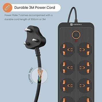 MOS Portronics Power Plate 7 with 6 USB Port + 8 Power Sockets Smart Electric Universal Extension Board Multi Plug with 2500W, 3Mtr Cord Length, 2.1A USB Output(Black), 250 Volts