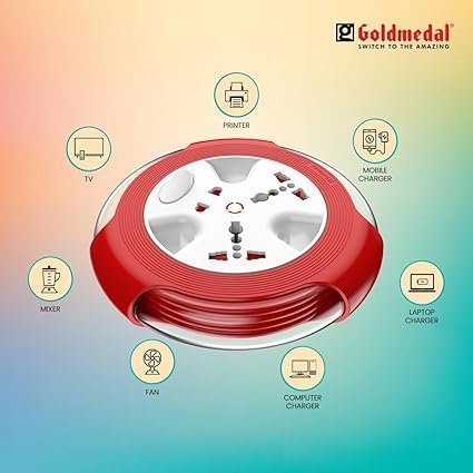 mos Goldmedal Krysta 2 Pin Extension Cord (White and Red) – Pack of 1, Master Switch with Indicator, Heavy-Duty 5-meter Cable, International Sockets & 2-Pin Socket, Ultra-Smooth Rotation for Home & Office - Image 2