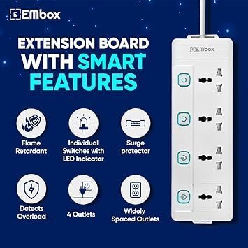 MOS EMBOX Extension Board with Switches 2500 W, 4 Universal Sockets, Individual Switch, Safety Shutter, 6 amp Spike Guard, LED Indicator and Safety Shutter, 3 mtr Extension Cord - Image 4