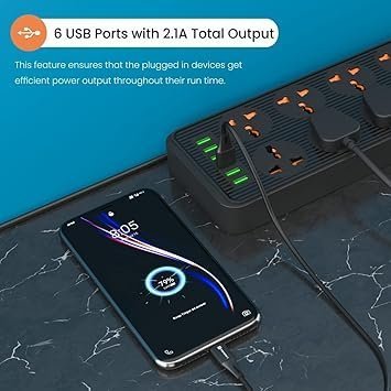 MOS Portronics Power Plate 7 with 6 USB Port + 8 Power Sockets Smart Electric Universal Extension Board Multi Plug with 2500W, 3Mtr Cord Length, 2.1A USB Output(Black), 250 Volts - Image 3