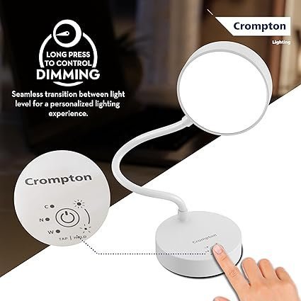 Crompton Plastic Led Deskmate|Table Lamp|Desk Light|5W|Sleek & USB Rechargable|Colour Changing|Smooth Dimming|Flexible & Adjustable Neck|Flame Safe Technology|Pack of 1,White - Image 4