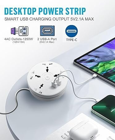mos EMBOX Rotary Extension Board with USB C USB A Extension Board with Switches Universal Sockets LED Indicator-5 mtr Extension Cord, Multi Plug Socket with Safety Shutter(4 Sockets + 3USB Retractable) - Image 5