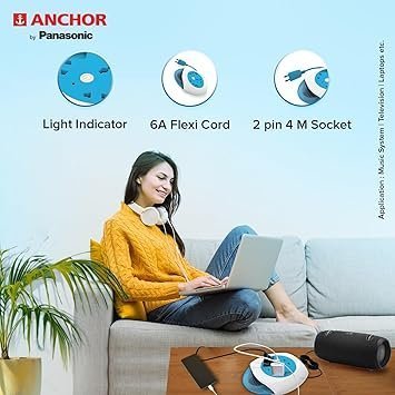 MOS Anchor by Panasonic 6A 2 Pin Felx Box with 4 Mtr Cord | Universal Socket Switch Board With Indicator (Blue & White) - Image 4