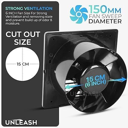 Unleash Storm 6 inch(150MM) Cut Out Size 100% Copper Motor Exhaust Fan For Kitchen,Bathroom Ventilation Axial Fan, 2 years Warranty (Black) - Image 6