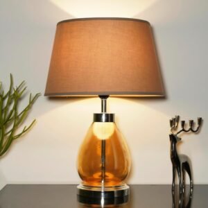 Kapoor E-ILLUMINATIONS Fondi Amber and Nickel Finish Table Lamp with Beige Cotton Shade